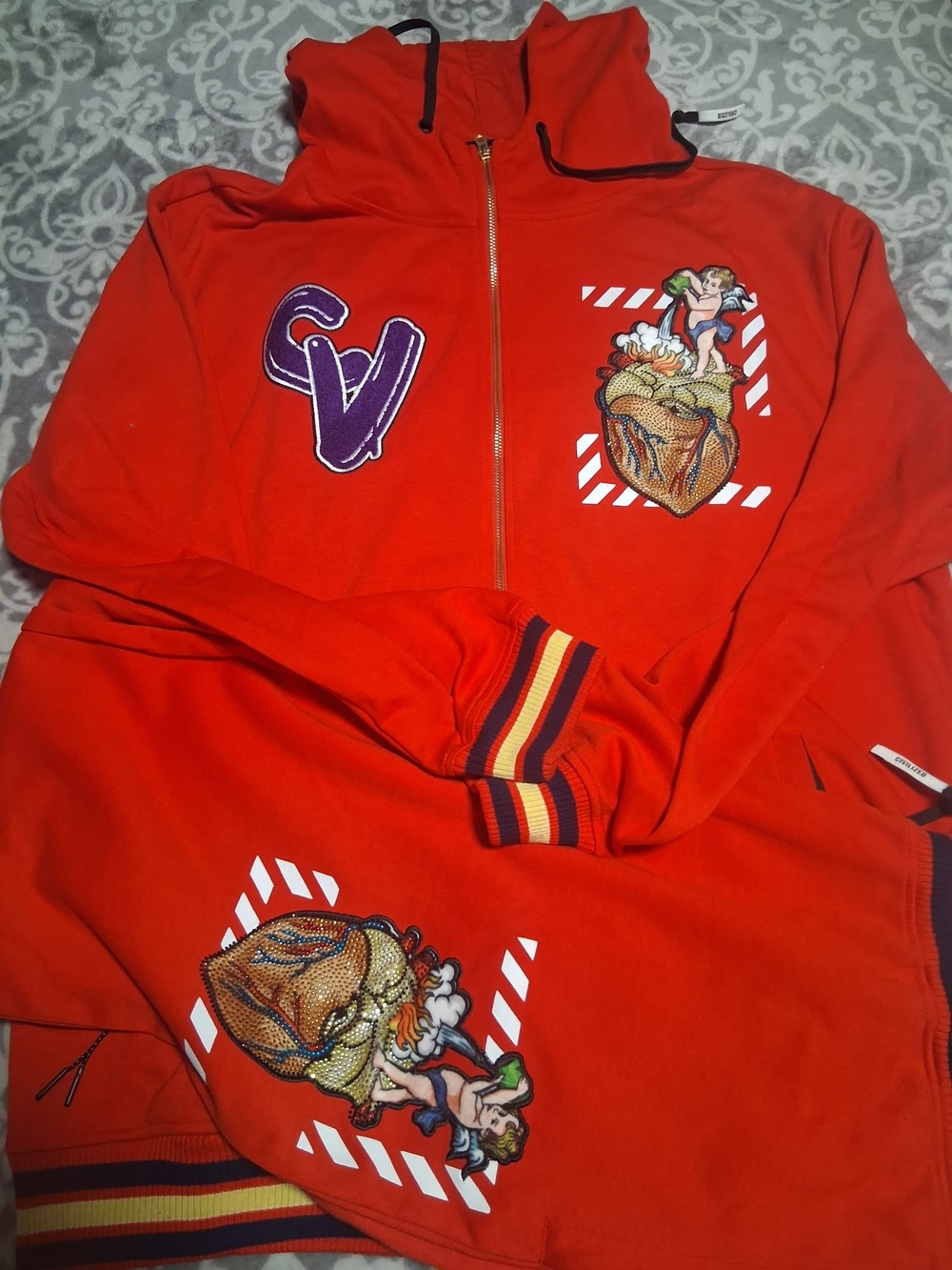 Men's Red Zip-Up Hoodie Sweatsuit Graphic Patch Details W/Rhinestones.
